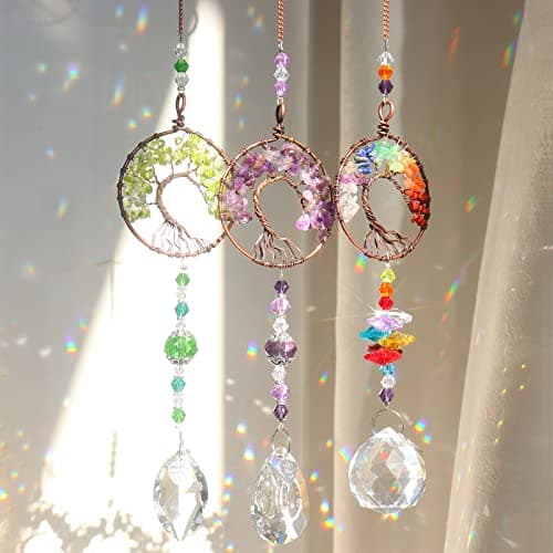 Sun Catcher Crystal Hanging Tree of Life SunCatchers Healing Crystals for Indoor Window, Home Decor, Car Charms Pack of 3
