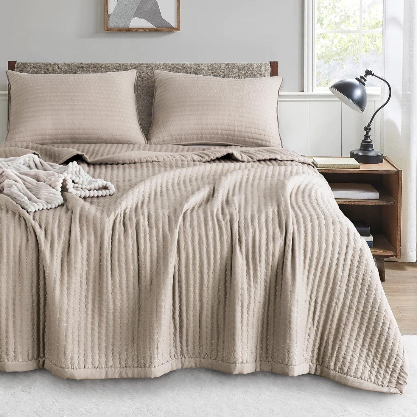 KASENTEX Quilt Mini Set-Stone Washed-Super Soft Bedspread-Light Weight-White Down Alternative Microfiber Fill-Machine Washable-Solid Colors, Full/Queen +2 Shams, Camel