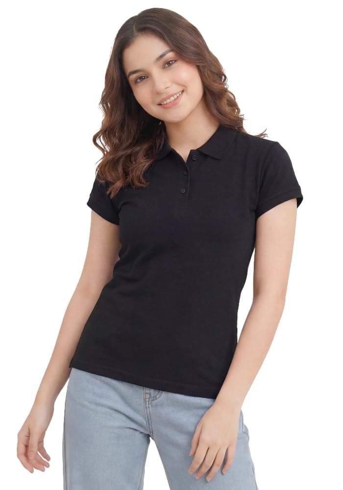 Wear Your Opinion Womens Polo Collar Neck Regular Fit T-Shirt Top (Design: Solid, Black, Large)