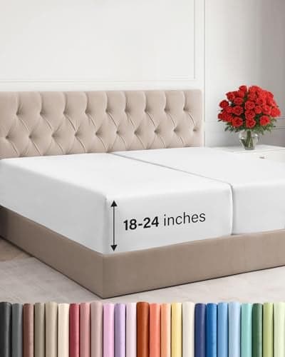 Extra Deep Split King Fitted Sheet Hotel Luxury Single Fitted Sheet Only Easily Fits 18 inch to 24 inch Mattress Ultra Soft Wrinkle Fade Free wExtra Deep Pocket Breathable Comfy White