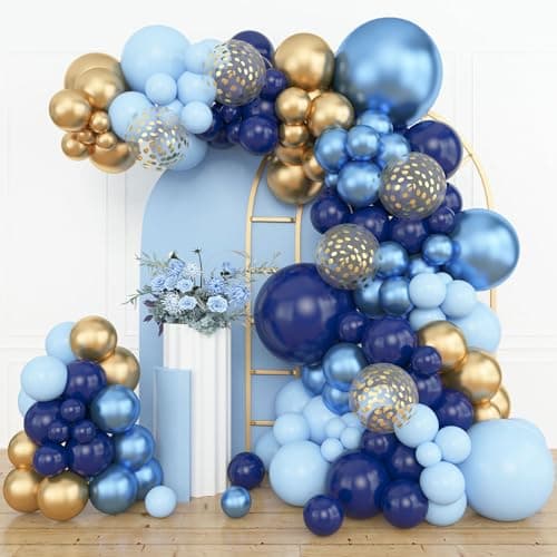 Amandir 153pcs Navy Blue Gold Balloon Garland Arch Kit Different Sizes 18 12 10 5 inch Pastel Blue Latex Metallic Confetti Balloons for Boys Graduation Birthday Party Ocean Baby Shower Decoration