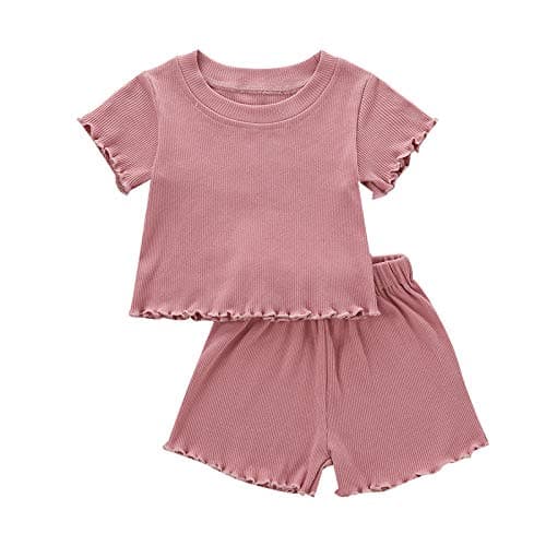Kupretty 2Pcs Toddlers Baby Girls Summer Clothes Set Ruffle Ribbed Short Sleeves T-Shirt Tops Shorts Comfy Outfits (Pink, 4-5 Years)