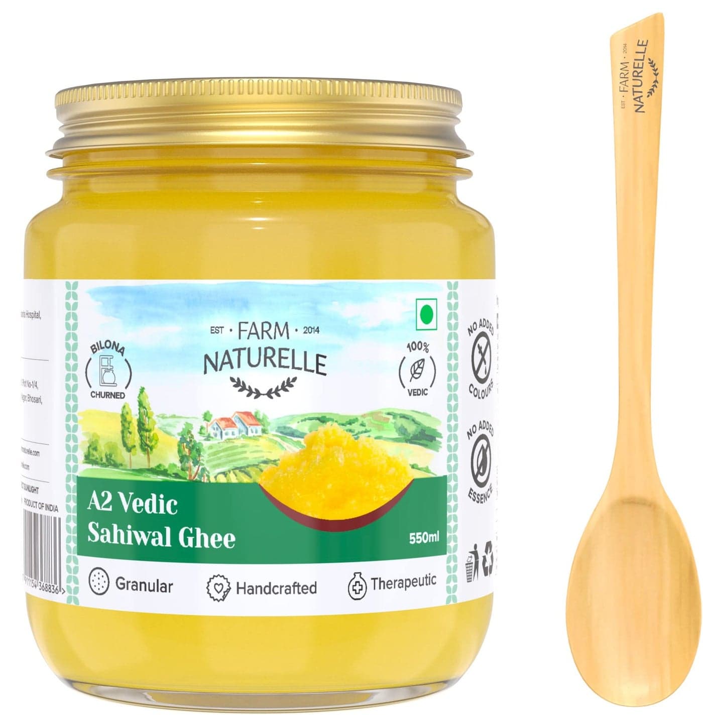 Farm Naturelle - 100% Pure A2 Sahiwal Cow Ghee - 500ml (Glass Bottle) | Traditional Vedic Bilona Method Churned | Grassfed - Natural and Fresh | Cultured Lactose and Gluten Free - Immunity Booster