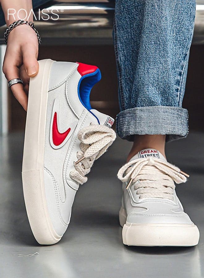 Men's Shoes Breathable Comfortable Soft Trendy Versatile Non-slip Casual Canvas Sneakers Retro Round-Toe Sporty Color-Blocked White Sneakers Lace-Up Flat Low Top Sneakers White