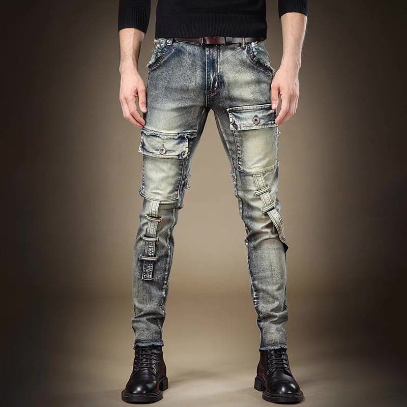 Beggar Ripped Jeans Men'S Trendy Slim-Fit Stretch Leggings Multi-Pocket High-End Trendy Brand Stitching Long Pants