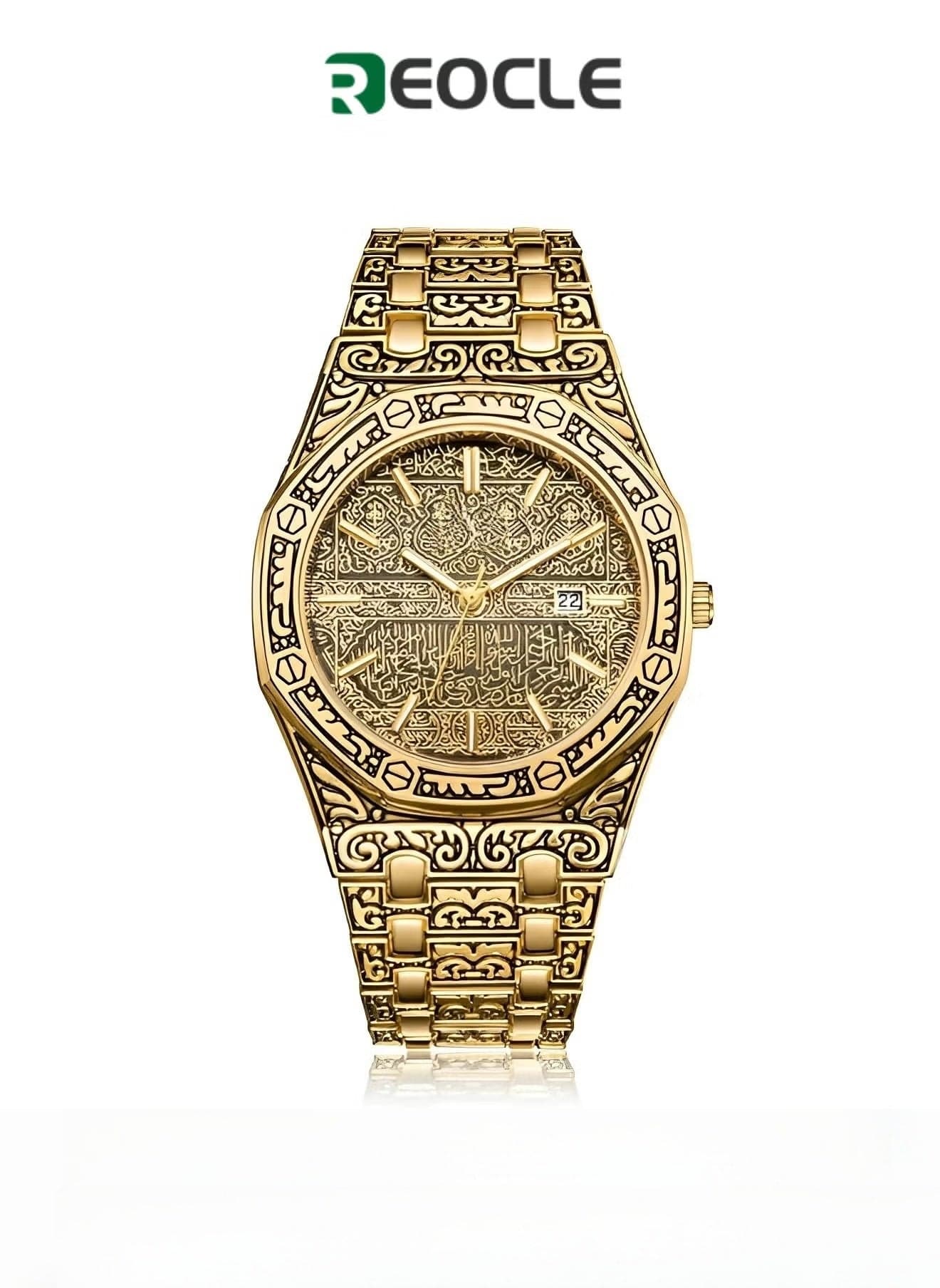 Men's Analog Quartz Watch Retro Wrist Watch with Engraved Design & Stainless Steel Band & Calendar Function & Daily Waterproof