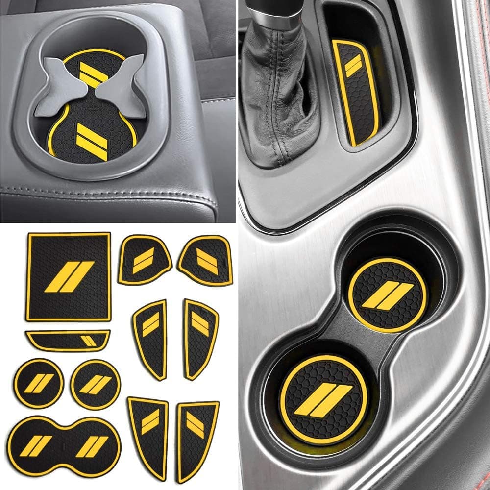 Auovo 11pcs Anti-dust Mats for Challenger Accessories 2015-2021 - Custom Interior Cup Holder Inserts and Liners (Yellow)