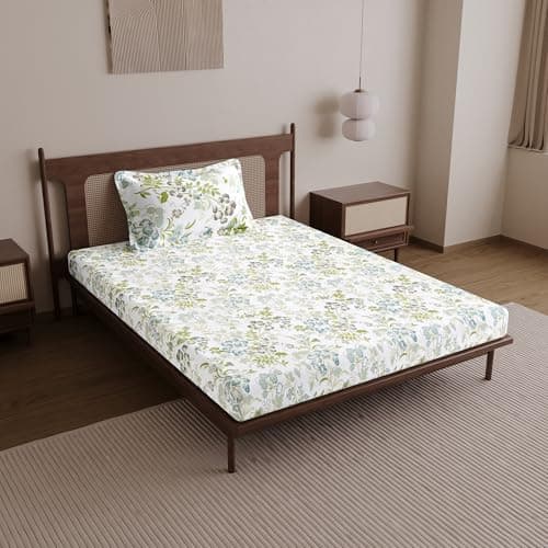 Divine Casa Bedsheet for Single Size Bed 144 TC Cotton Bedsheet for Single Size Bed with 1 Pillow Cover (145 X 223 cm) Floral Mint Blue Cotton Bedsheet