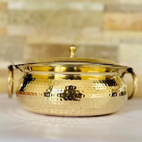 Nayi Naveli Brass Lagaan Handi With Lid And Handles | Hand Hammered Traditional Indian Cookware Vessel | Inner Kalai Coating For Biryani Curries Cooking | 1.24 Kg Weight Kitchen Use