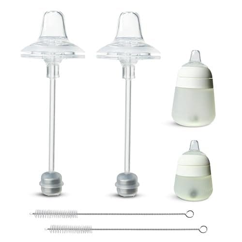 Sippy Cup Conversion Kit for Nanobébé Flexy Silicone Baby Bottles 2-Count, Soft Food Grade Silicone Sippy Spout Nipples and Weighted Straw, Cleaning Brush, BPA Free, 4+ Months (Sippy Kit)