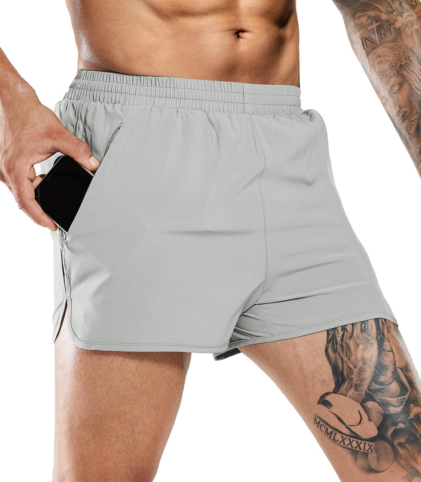 MIER Men's 3 Inch Inseam Ranger Panties Split Waterproof Running Swimming Shorts Zip Pockets Dryfit Sweat Wicking Tennis Activewear Light Grey XL