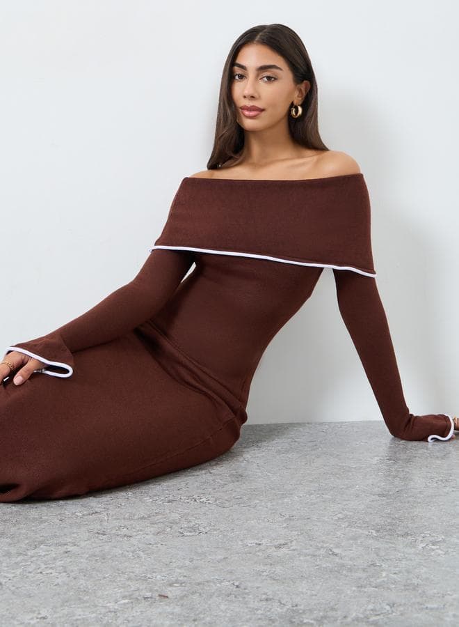 Contrast Trim Bardot Neck Sweater Maxi Dress