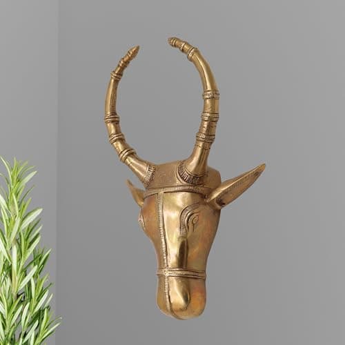 Bhunes Brass Nandi Bull Face Idol Brass Peetal Ashtadhatu Nandikeshwara Nandishwar Shiva’s Mount Sacred Showpiece Home Decor Pooja Gift Statue,Gold, 10 Inch, 1 Piece