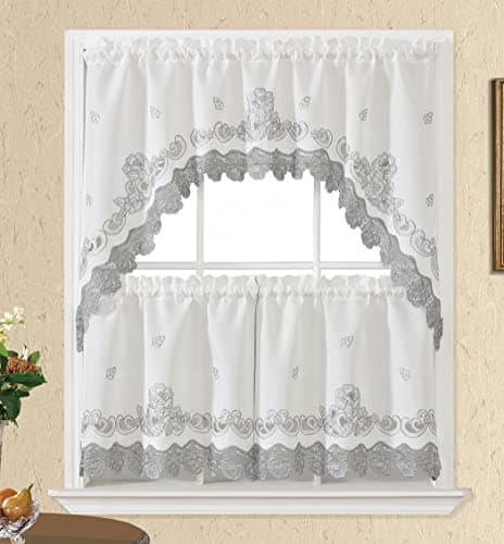 GOHD Lace Rosarium Kitchen Curtains, 3PCS Kitchen Curtains and Valances Set, Elegant White Fabric with Rose Embroidery and Lace. (Grey, Swag and 22 inches Tiers Set)