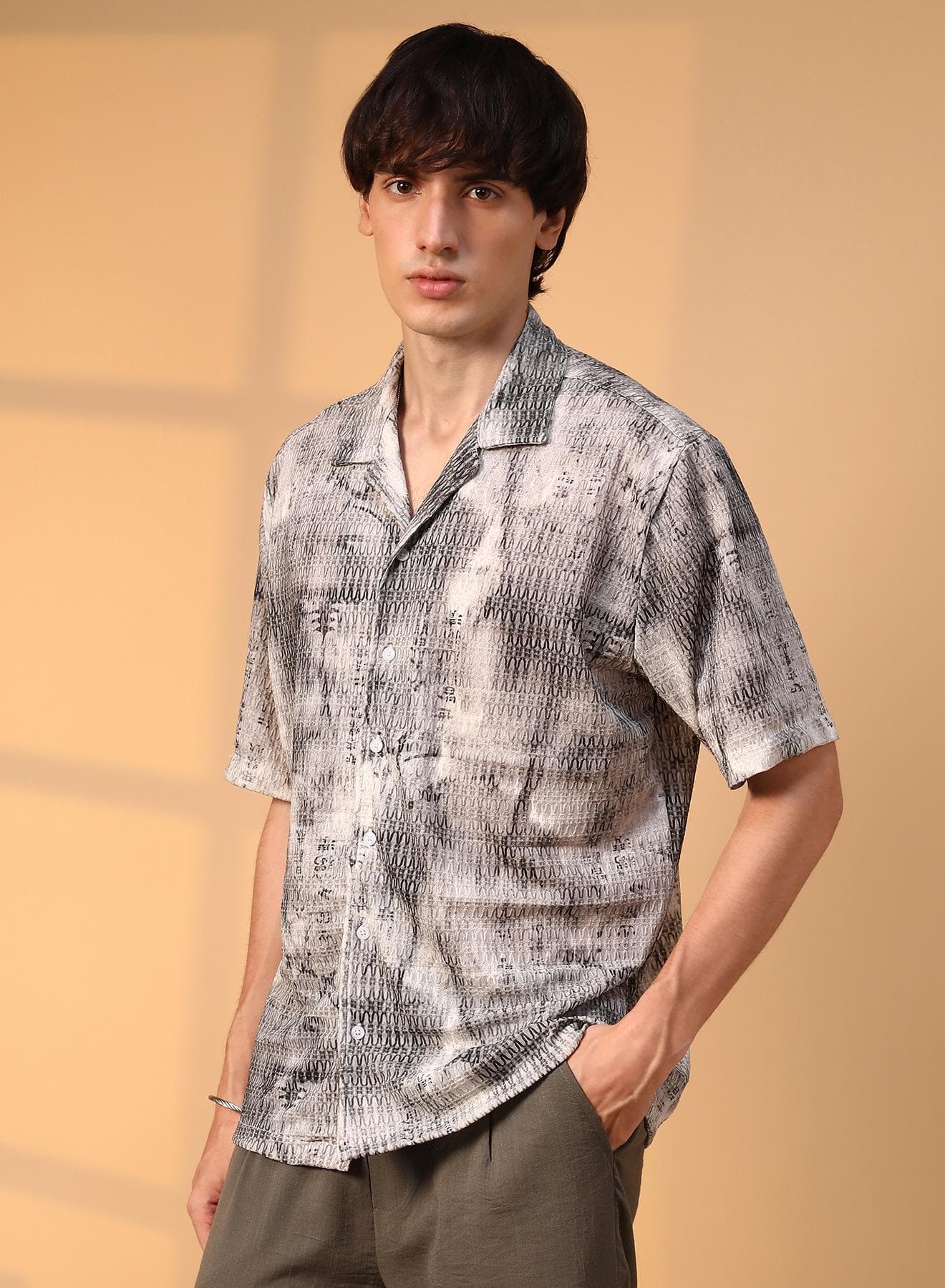 Men's Charcoal Black & Ivory White Faded Woven Oversized Shirt