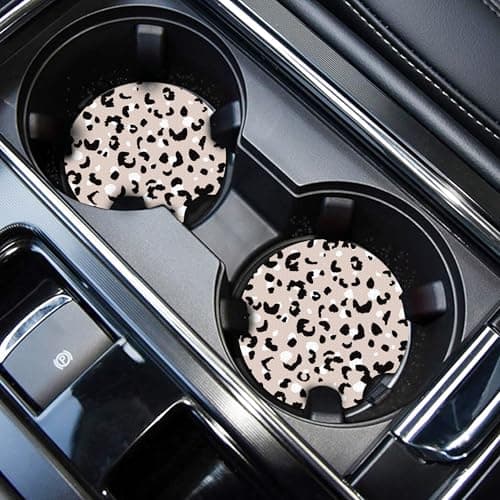 WOCOCN Cute Cup Holder Coasters for Your Car with Fingertip Grip Auto Accessories for Women MenPack of 2White Leopard