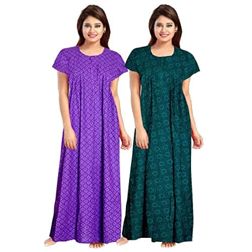 NEGLIGEE Women's Cotton Printed Maxi Nightgown Nighty for Women Ankle Length Night Dress - Pack of 2 (Free Size, 03 Purple & Green)