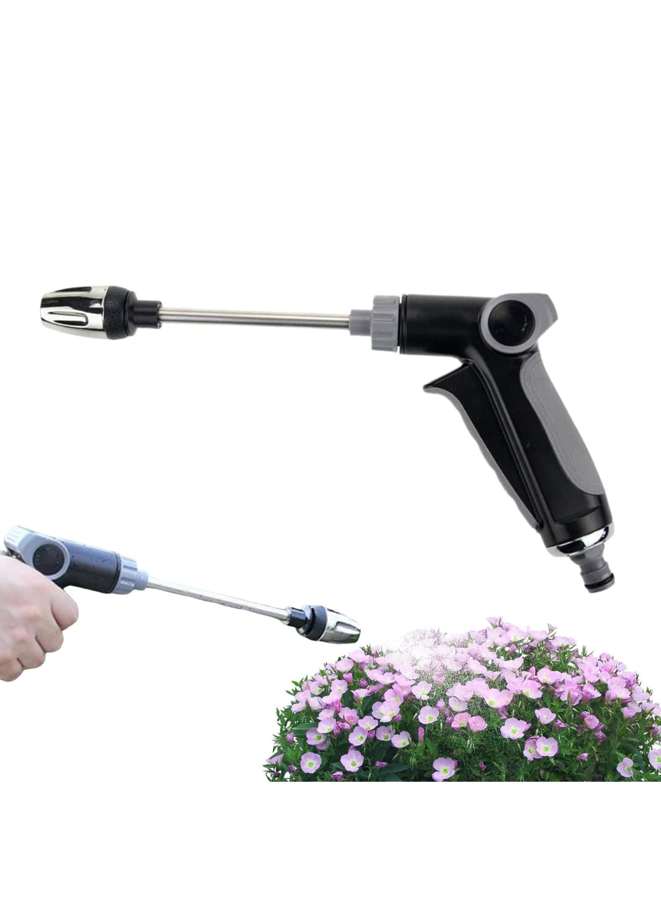 Garden Hose Nozzle with Adjustable Sprayer Head, Leak-Proof, Ergonomic Long Reach Grip, Ideal for Plant Irrigation, Pet Cleaning, Car Washing, 13.78x6.69 Inches (Black)