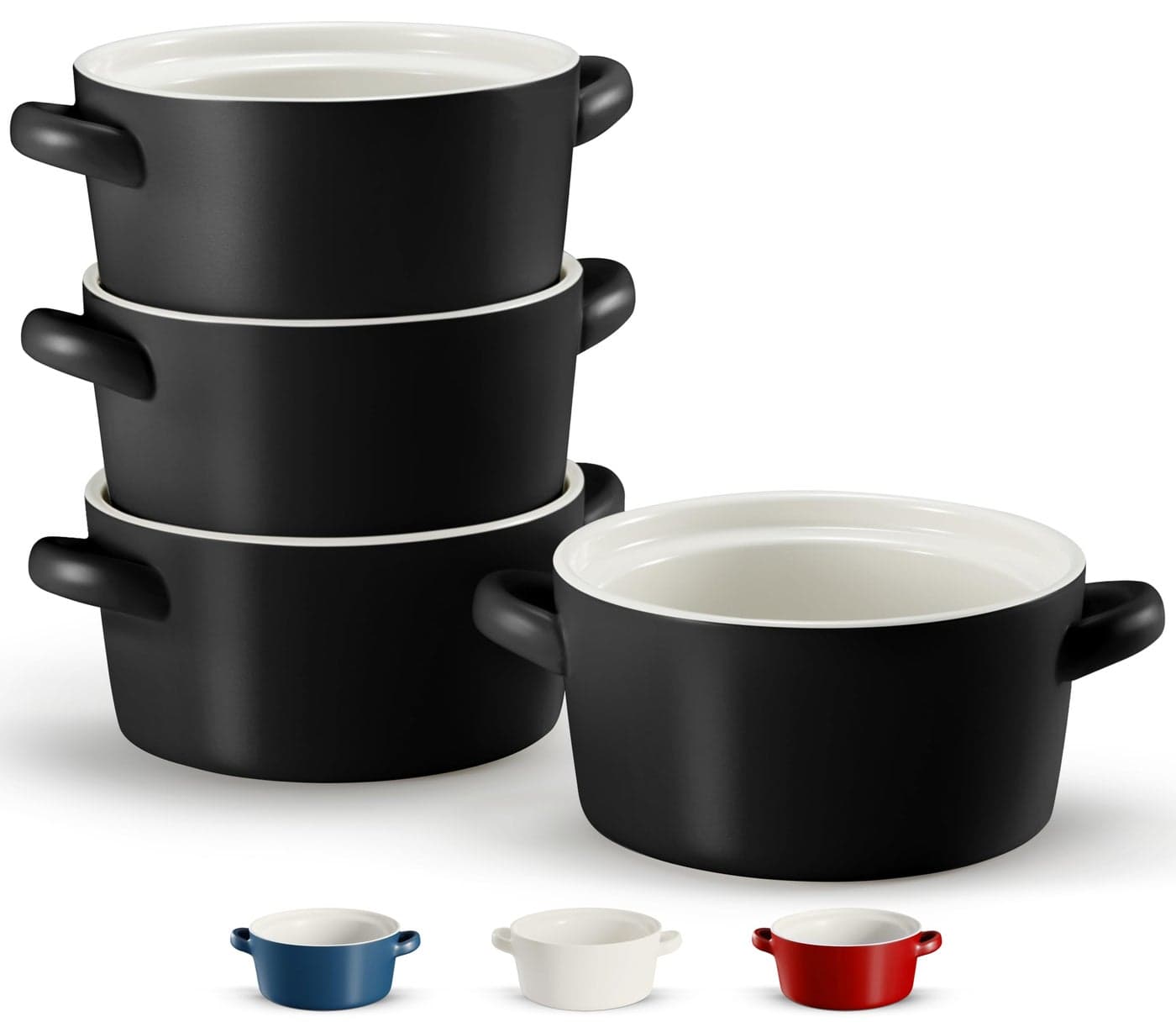 Kook Soup Crocks Ceramic Stackable Bowls Broil Oven Microwave and Dishwasher Safe with Handles For Casserole Pasta Cereal Capacity 18 oz Set of 4 Matte Black
