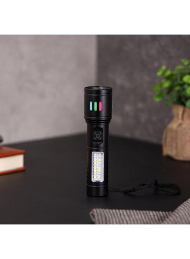 Epsilon Rechargeable Zoom Flashlight EPSL240, 625 Lumens Aluminum Body Torch Light, SMD Technology, RGB Side Light, USB Charging, High Power LED Flashlight for Camping, Hiking & Emergency Use, Black