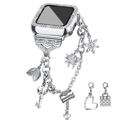 JOYOZY Band Compatible with Apple Watch 38mm 40mm 41mm 42mm 44mm 45mm 46mm Bling Strap with Glitter Case Builtin Screen Protector Interchangeable Charms Dressy Bracelet for Women Silver 42mm