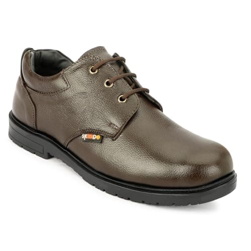 SKEEDO™ Men’s Premium Safety Shoes | Genuine Leather | Slip & Water Resistant | Lightweight Work Shoes (Brown-7)
