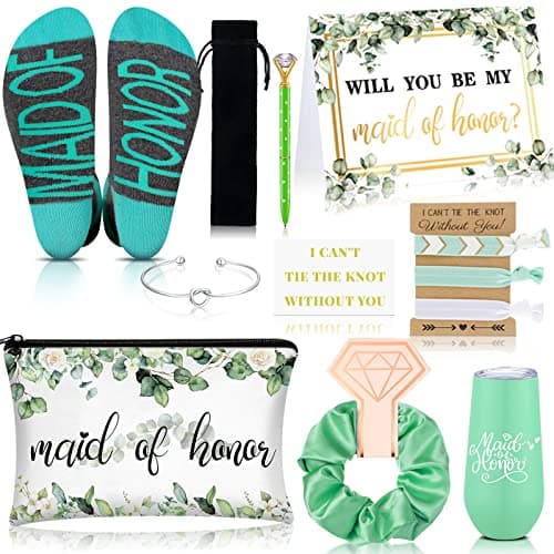 Yexiya 13 Pcs Bridesmaid Proposal Box Gifts Set Will You Be My Maid of Honor Gifts 6 oz Stainless Steel Wine Tumbler Socks Scrunchie for Pen Engagement Wedding Bachelorette Party Supply(Eucalyptus)