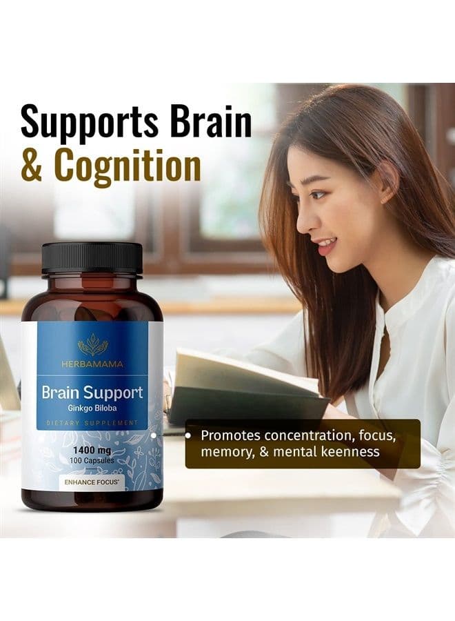 Brain Supplement - Nootropic Supplement to Support Cognitive Function, Memory, Mental Focus, Energy - Natural, Non-GMO, Vegan Formula - Ginkgo Biloba, Ginseng, Bacopa - 1400mg, 100 Capsules