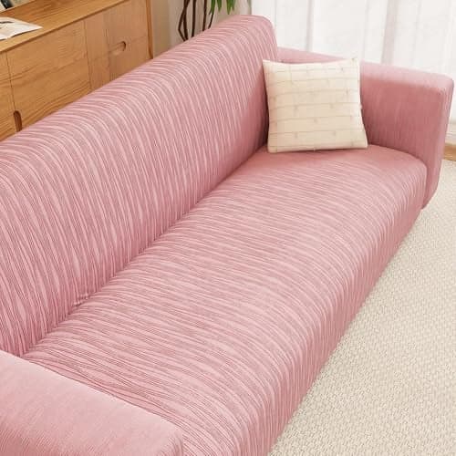 Lukzer 4 Seater Sofa Cover - Pastel Pink Wavy Stripes Pattern | 220 GSM Universal Textured Polyester Fabric Couch Protector | Anti Slip & Washable Sofa Slipcover | (230-300cm/SC-084-04)