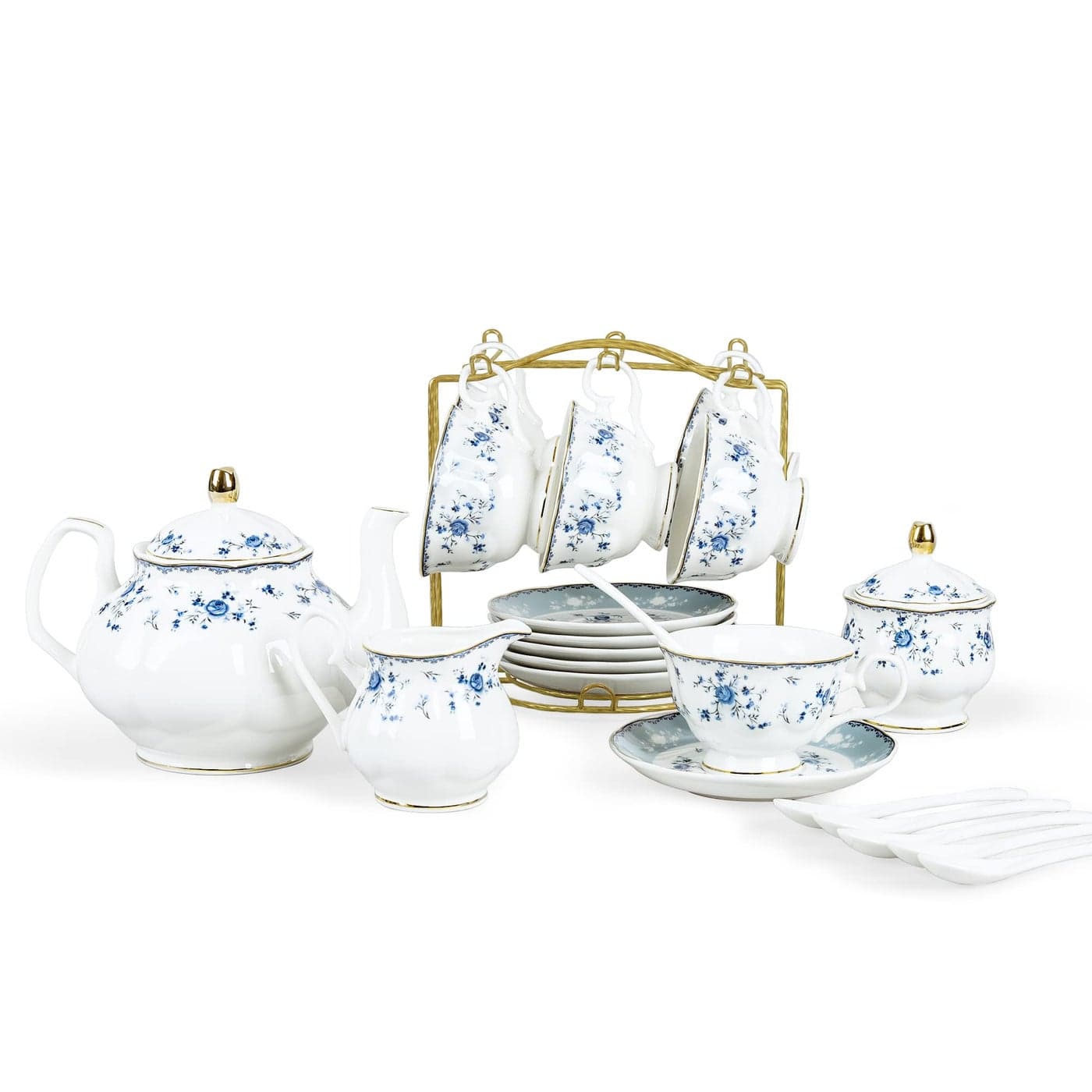 fanquare 15 Piece Blue Rose Porcelain Tea Set British Floral Teapot with Tea Cups Women Tea Party Set for 6