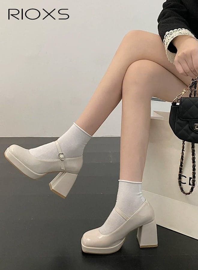 Women's High Heeled Shoes, Retro Square Toe Platform Chunky Heels, Lady's Block Heel Mary Janes Shoes, Trendy Strappy Dress Shoes for Women, 8cm Heels Pumps Shoes for Wedding/ Party/ Work/ Daily Wear, Womens Dressy High Heel Shoes, White Ladies Heels