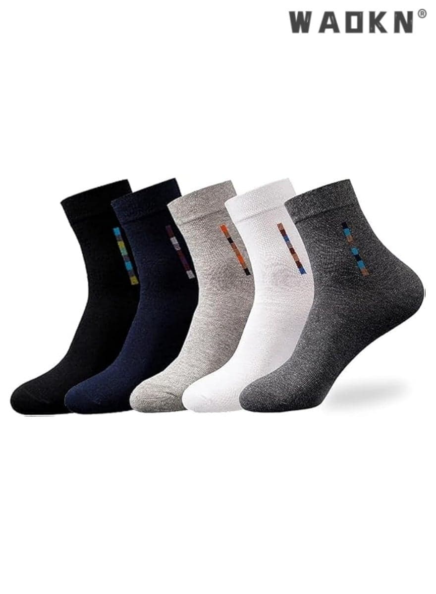 5-Pair 100% Cotton Men's Socks: Mid-Calf, Formal, Moisture-Wicking, Suitable for All Seasons, Striped Pattern in a Variety of Colors for Business Casual Wear