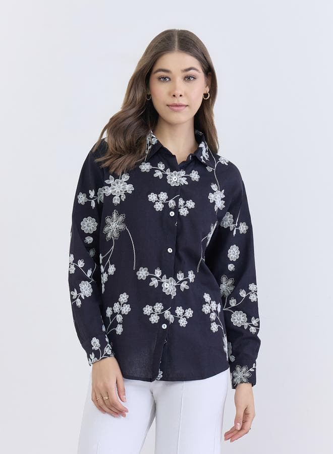 Women Embroidered Black Cotton Shirt