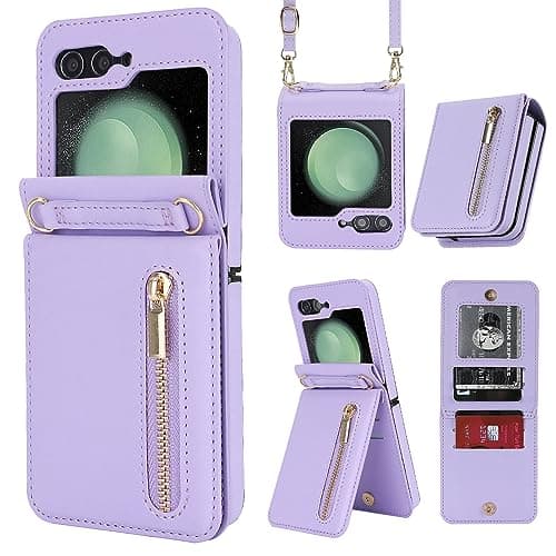 XIMAND for Samsung Galaxy Z Flip 6 Luxury Zipper Wallet Phone Case MultiFunction Kickstand Card Holder Adjustable Crossbody Strap Fashion Flip CasePurple