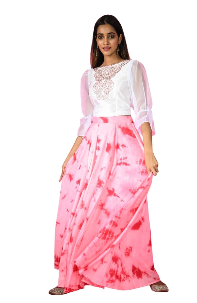 KYETH Women’s Pink Shibori Skirt and Rhinestone Top Set – Stylish Ethnic Wear | Lightweight Festive Outfit with Sparkling Detail | Elegant Pink & White Traditional Ensemble