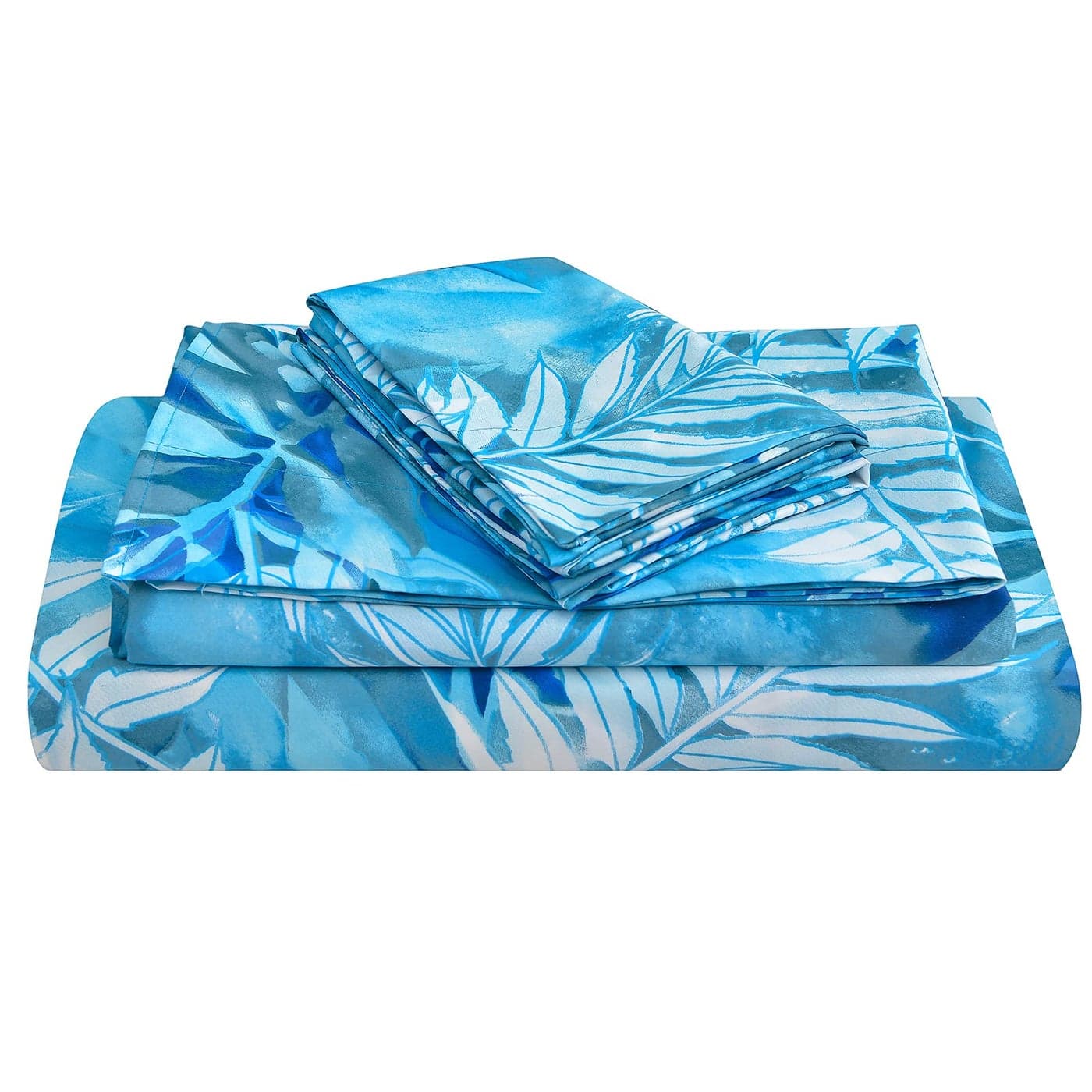 JSD Blue Tropical Leaves Print Sheet Set King 4 Piece Soft Botanical Microfiber Bed Sheets Extra Deep Pocket