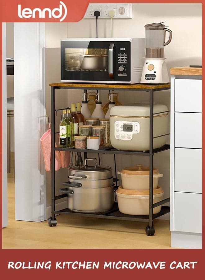 Rolling Kitchen Microwave Cart, 3 Tier Microwave Table Stand with Storage, Kitchen Utility Cart on Lockable Wheels, Small Coffee Cart Shelf Rack Organizer for Living Room Office, Balcony