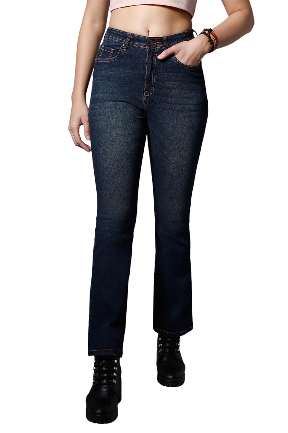 HIGH STAR Women's Bootcut Fit Stretchable High Rise Jeans (HSWJNS1996_Blue1_34)