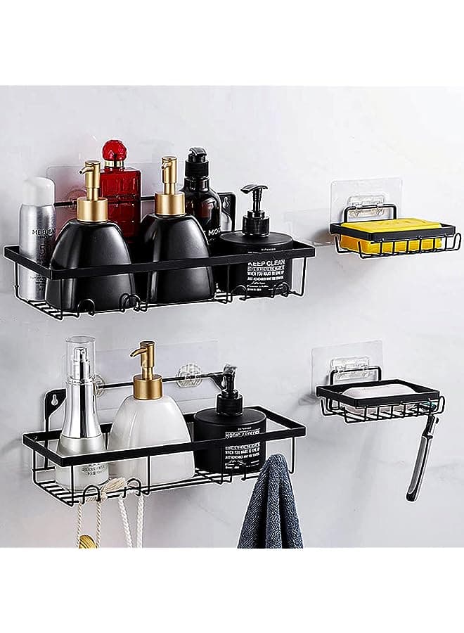 4 Pack Shower Caddy Shelves Organizer, Self Adhesive Shower Basket Shelf, No Drilling Wall Mounted Bathroom Storage Rack, Rustproof Kitchen Wall Holder with 2 Soap Dish Holders & Hooks, Black
