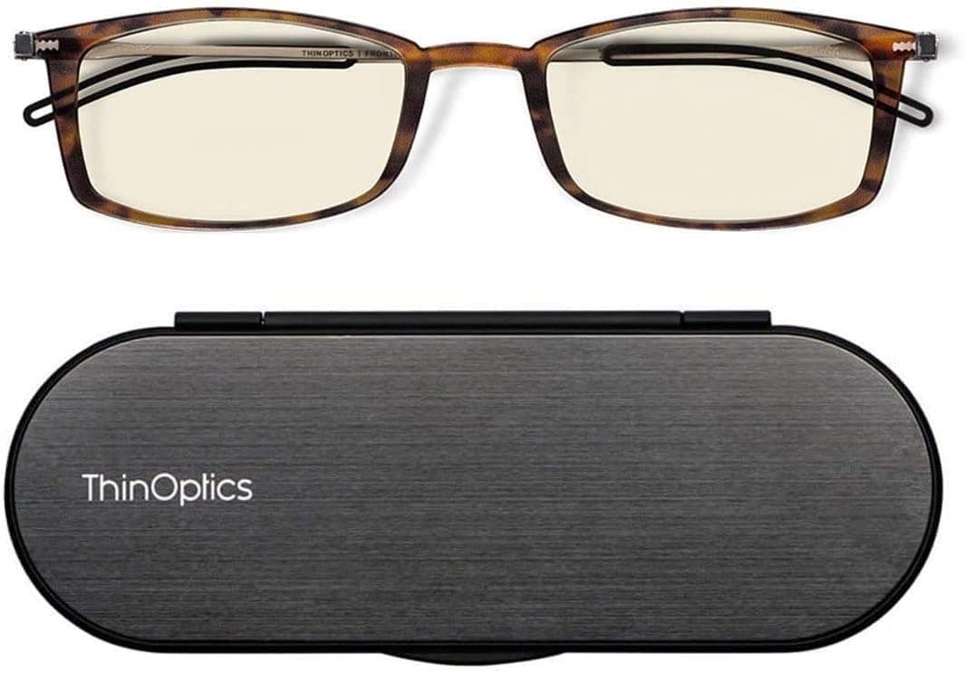 ThinOptics Blue Light Reading Glasses 15 for Computers Gaming Screens with Slim 4mm Magnetic Case Ultra Thin Readers Blue Light Blocking Spectacles with Tortoise Frame Brushed Aluminium Case
