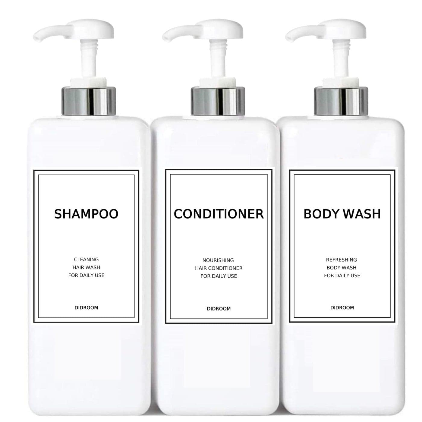 Modern Silver Shampoo and Conditioner Dispenser 21 oz Pack of 3 Refillable Pump Bottle Set Empty Shower Plastic Bottles with Pump for Bathroom Body Wash Soap and Shower