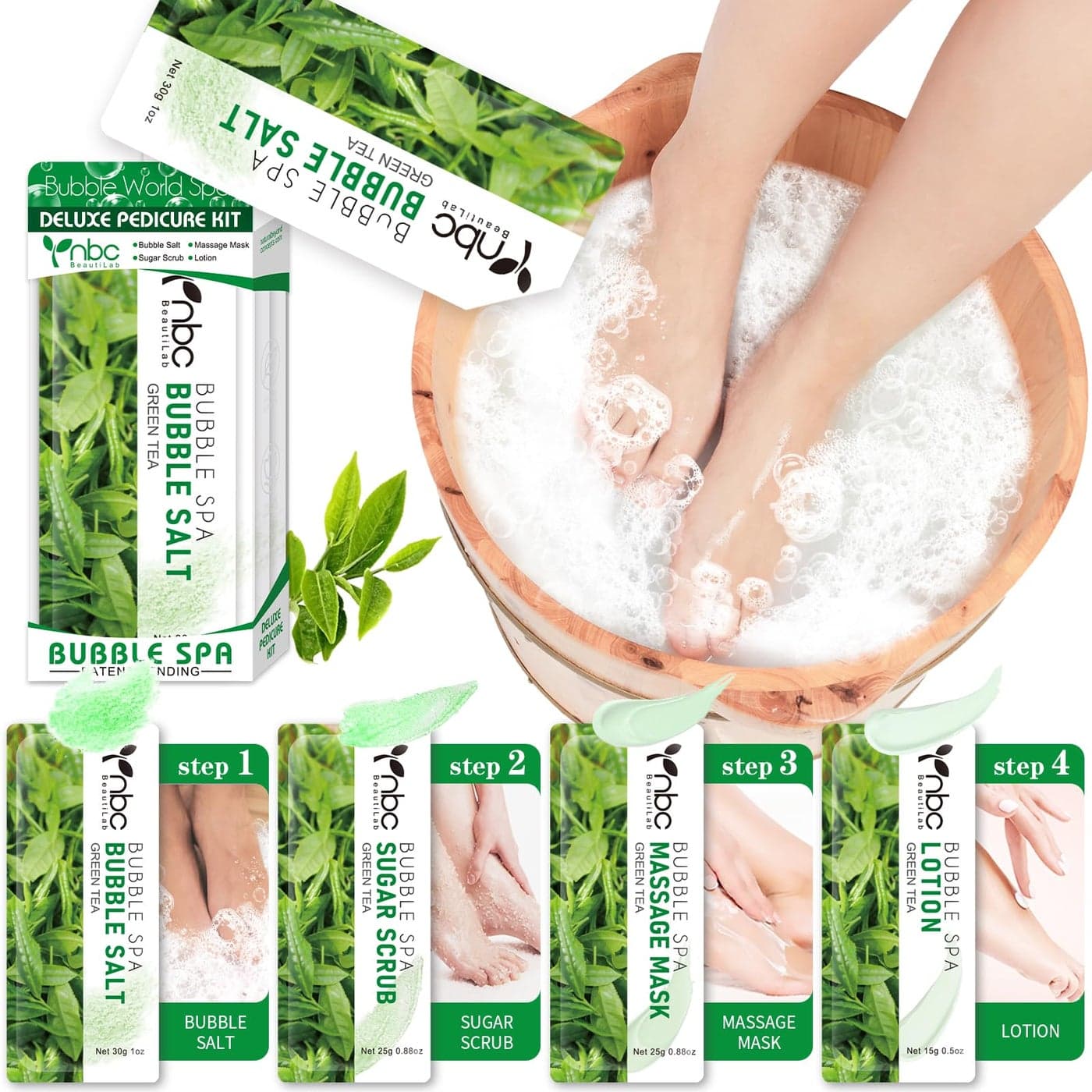 nbc BeautiLab Pedicure Kit Foot Soak Set Bubble Salt Sugar Scrub Massage Mask Massage Lotion in a Box 4 Step Foot Spa Kit for Dry Feet Calluses and Tired Feet 1 Set Green Tea