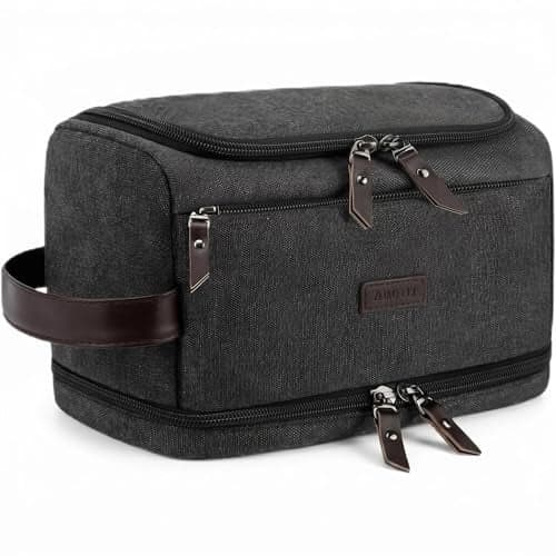 ZOMFELT Toiletry Bag for Men, Dual Layers Canvas Travel Toiletries Bag, Water-Resistant Travel Organizer with Elastic, Large Capacity Dopp Kit, Hanging Shaving Hygiene Bag, Black