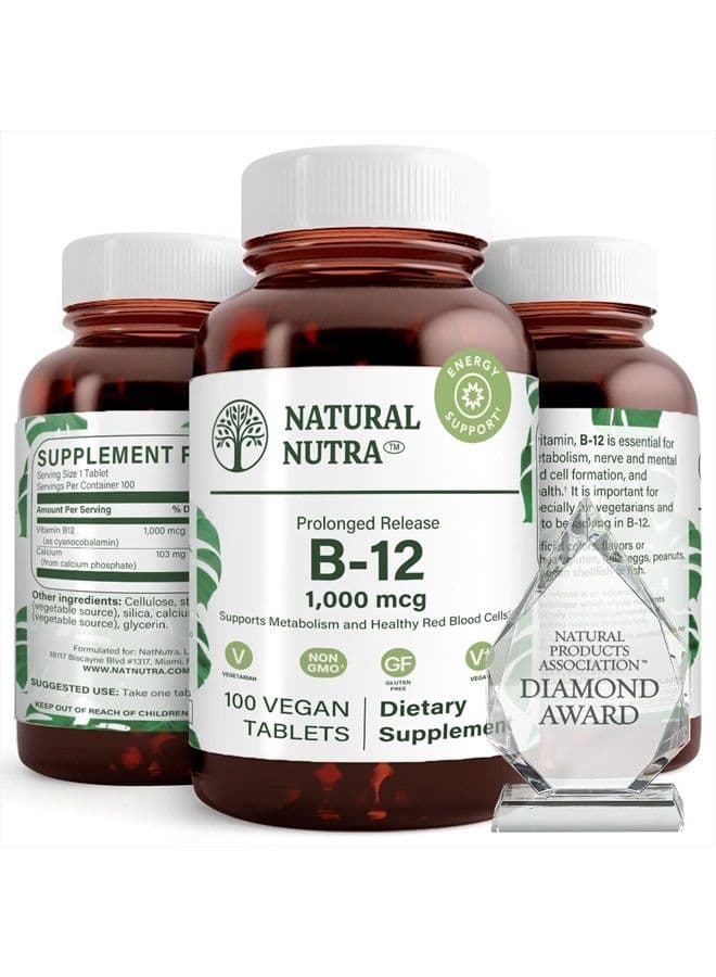 Vitamin B12 1000 mcg, Cobalamin B 12 Supplement, Calcium Phosphate, Help in Metabolism Health, Optimal Absorption, Gluten Free, Sugar Free, 100 Vegan Tablets