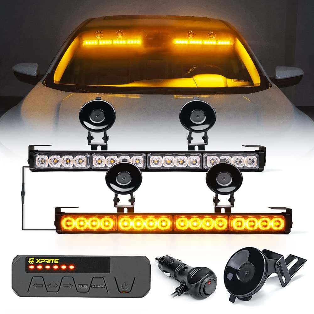 Xprite Emergency Traffic Advisor Strobe Dual Light Bar Amber LED Interior Windshield Visor Deck Safety Hazard Warning Caution Flashing Lightbars wControl Box for Construction Vehicles Trucks Vans