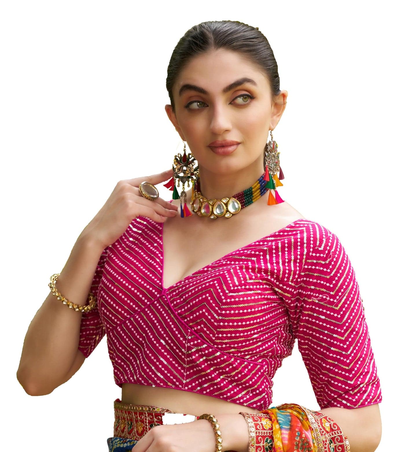 Pujia Mills Georgette Womens Fancy Readymade Half Sleeve Sequins Saree Blouse(Sequins Butti Pink_38)