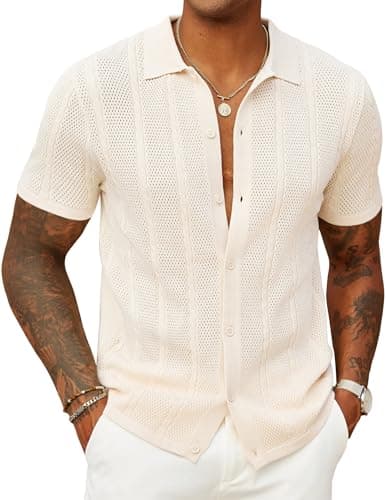 COOFANDY Mens Knitted Polo Shirt Summer Button Up Shirts Short Sleeve Casual Crochet Shirt Big and Tall Dress Shirts Beach Wedding Attire Cream