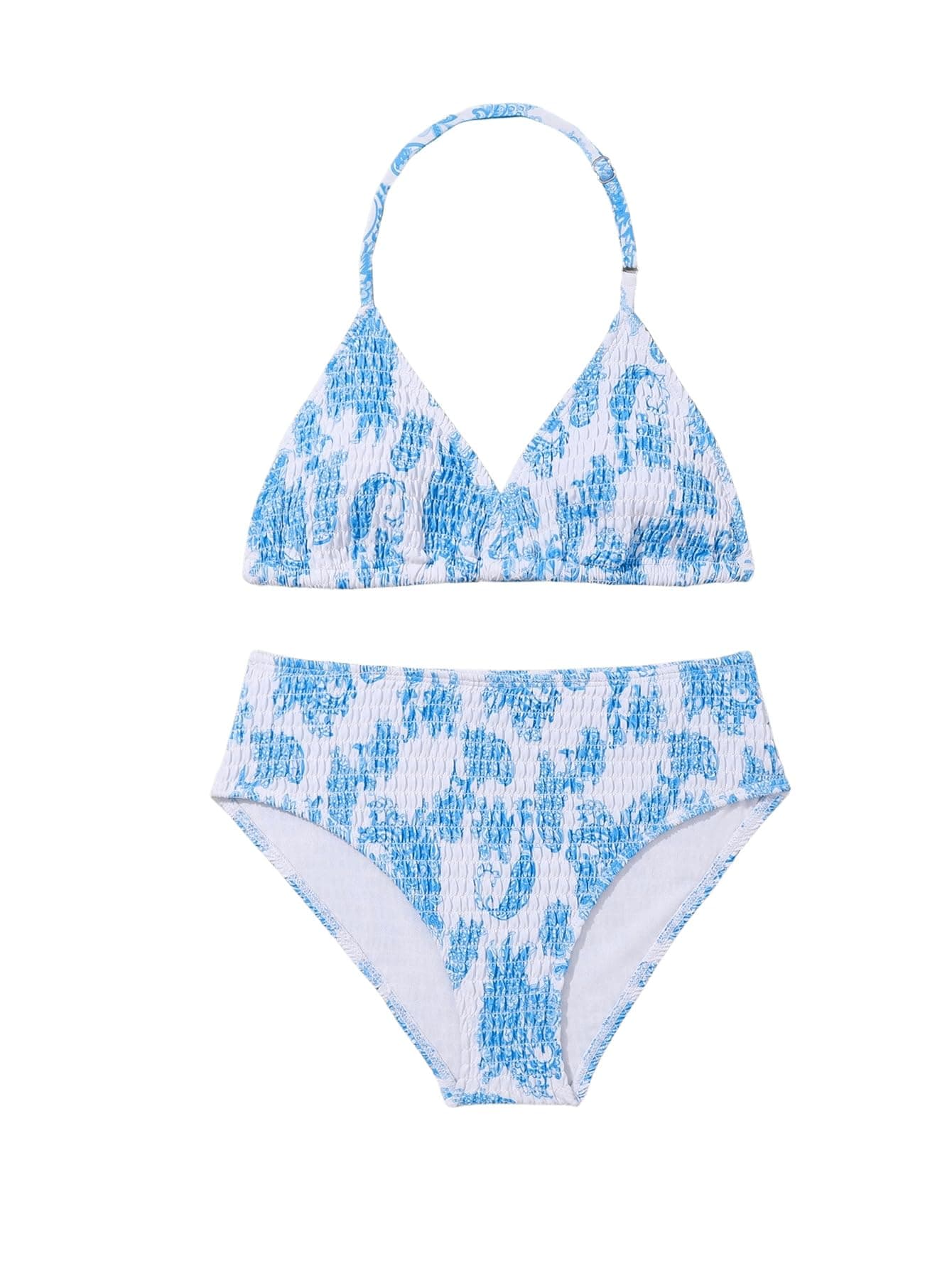 RoseSeek Girl's Tie Dye Smocked 2 Piece Swimwear Sets Backless Halter Bikini Cute Brief Bathing Suit Blue 13Y