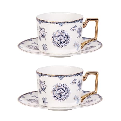 KAMMAK Tea Cups and Saucers Set of 2, Fine Bone China Coffee Cups, 8.5-Ounce Stackable Espresso Mugs, Ceramic Demitasse for Coffee, Cappuccino, Latte, Americano, Tea, English Navy
