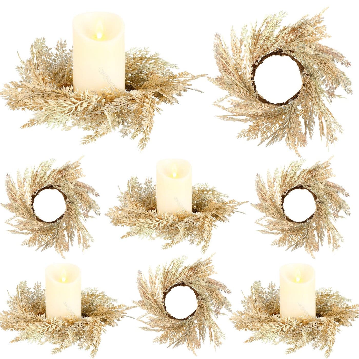 Hanaive 8 Pcs Boho Candle Wreaths Small Pampas Candle Wreath 39 in Wedding Faux Pampas Door Wreath Candleholders Fall Decoration for Wedding Home Farmhouse Tabletop Decor